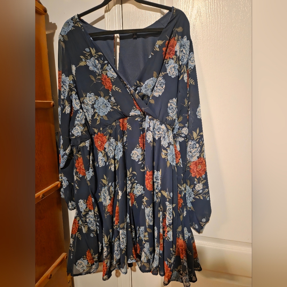 Floral Long Sleeve Dress - Blue and Red